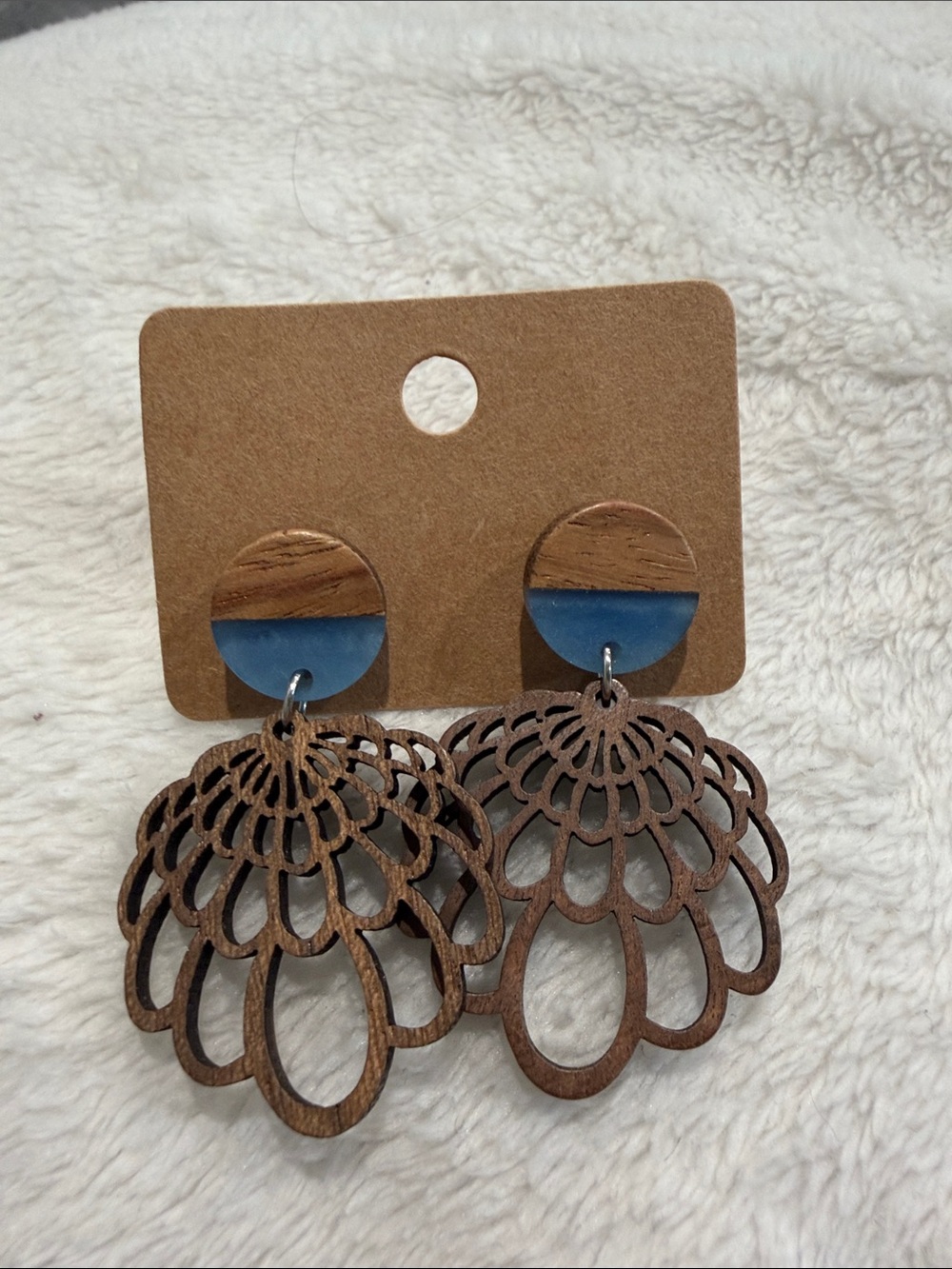 Blue and Wood Filigree Drop Earrings - Women Jewelry Earrings